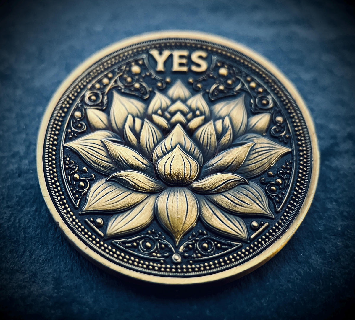 Ornate Brass Decision Coin | Lotus & Phoenix, Yes No Fidget