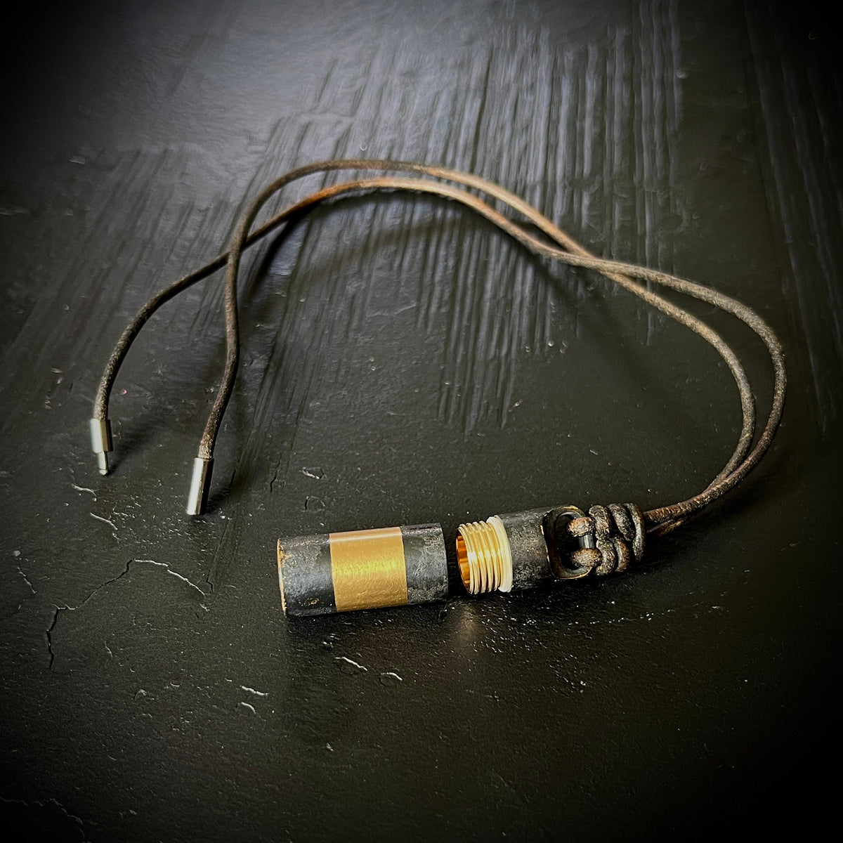 Rustic Brass 2-Tone Black & Gold Contrast Small Pill Vial Distressed Capsule Stash Urn Pendant with Leather Cord Necklace / EDC