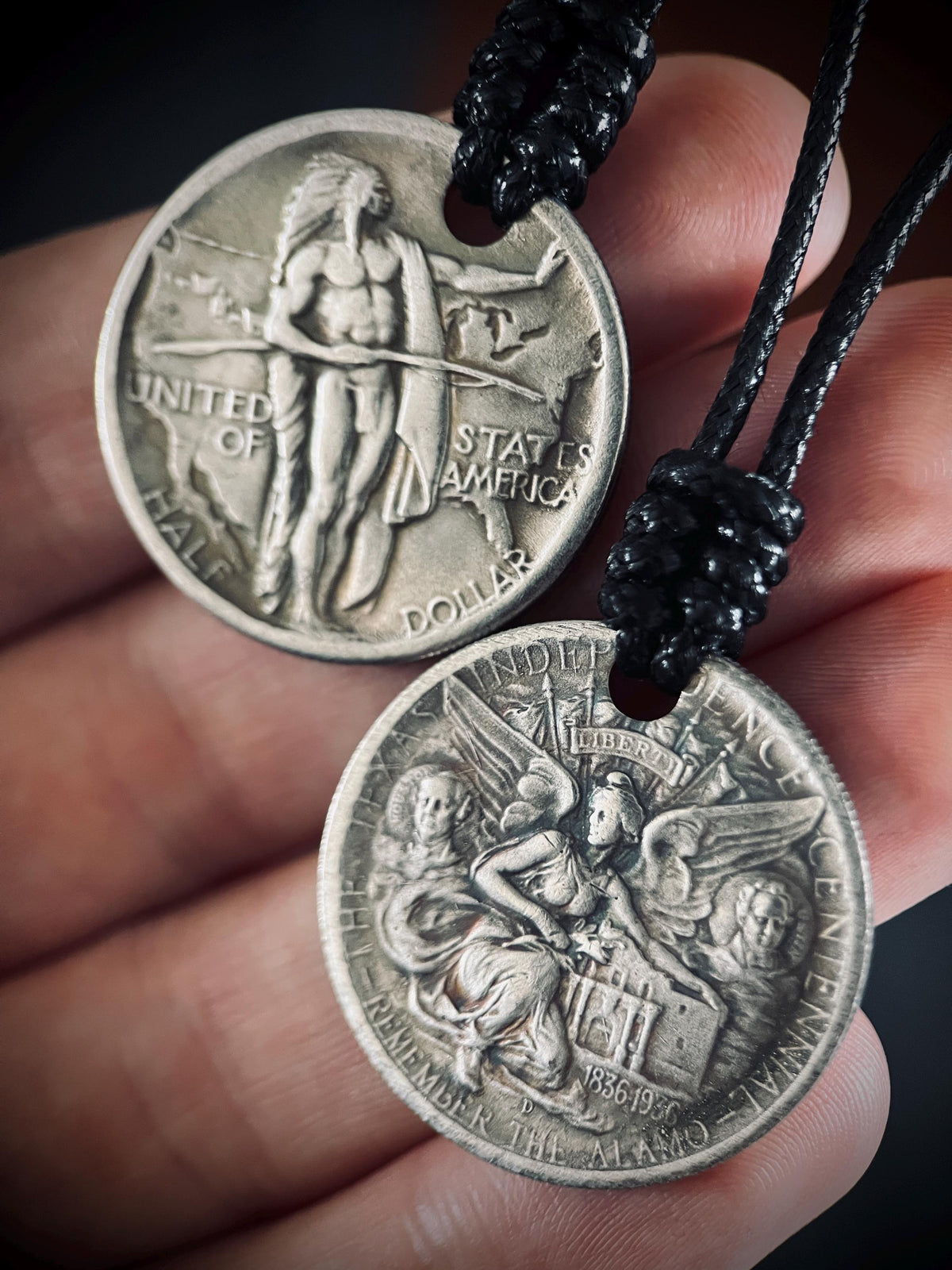 Couples His & Hers Rustic Silver Medallion Pendant Necklaces - Warrior and Angel