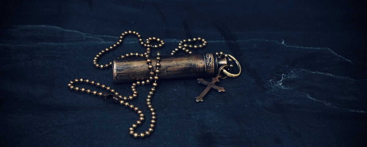 Brass Capsule Pendant: Distressed Vial Necklace with Cross Charm