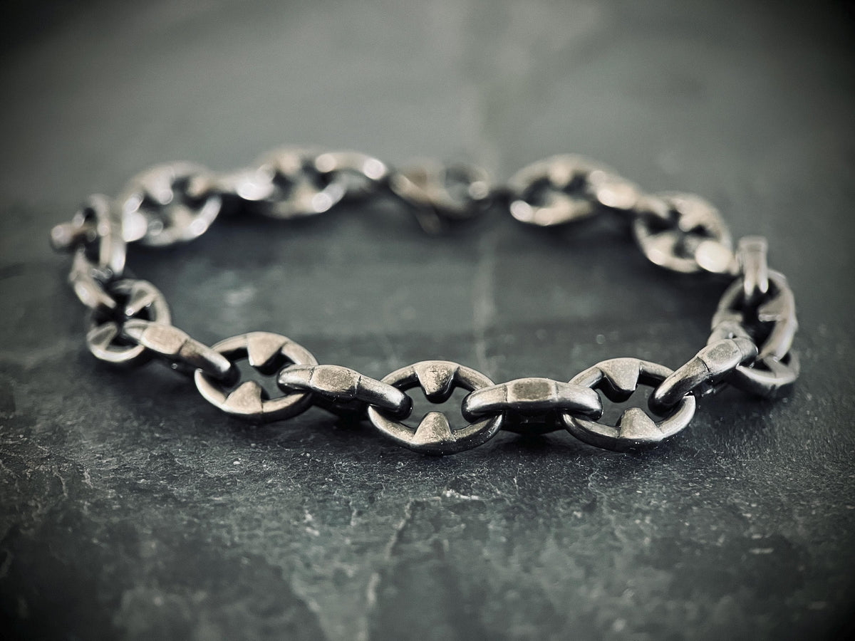 Rustic Chunky Distressed Blackened Stainless Steel Thorn Link Chain Bracelet