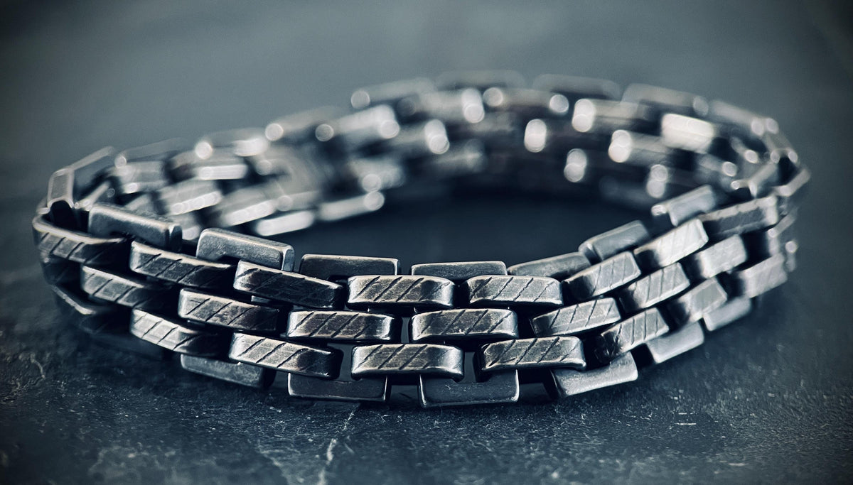 Brutalist Oxidised Stainless Steel Wide Thick Boxy Chunky Heavy Link Chain Bracelet - Mens