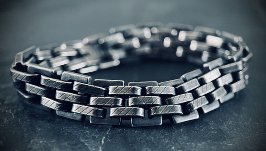 Brutalist Oxidised Stainless Steel Wide Thick Boxy Chunky Heavy Link Chain Bracelet - Mens