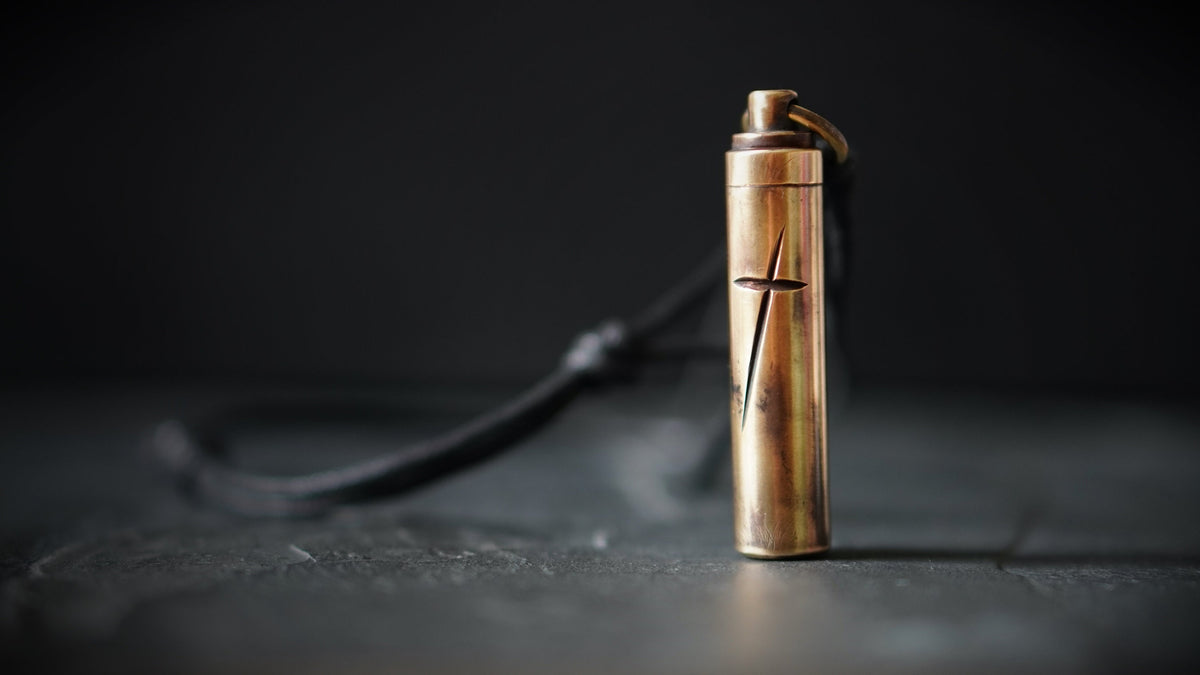 Rustic Handmade Brass Secret Stash Bullet Capsule Pendant Necklace with Engraved Cross & Custom Lettering