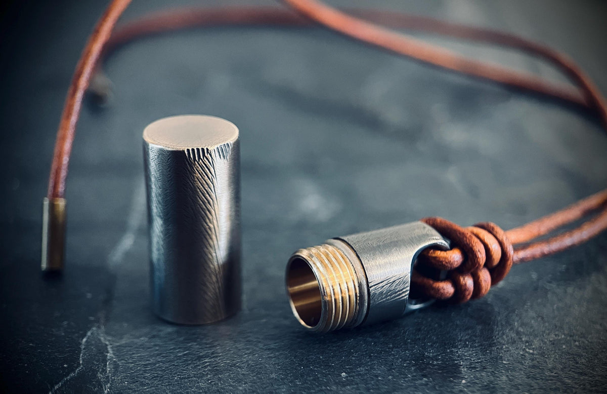 Handmade Brass Vial Capsule Pendant: Rustic 2-Tone Cremation Keepsake with Brown Leather Cord Necklace