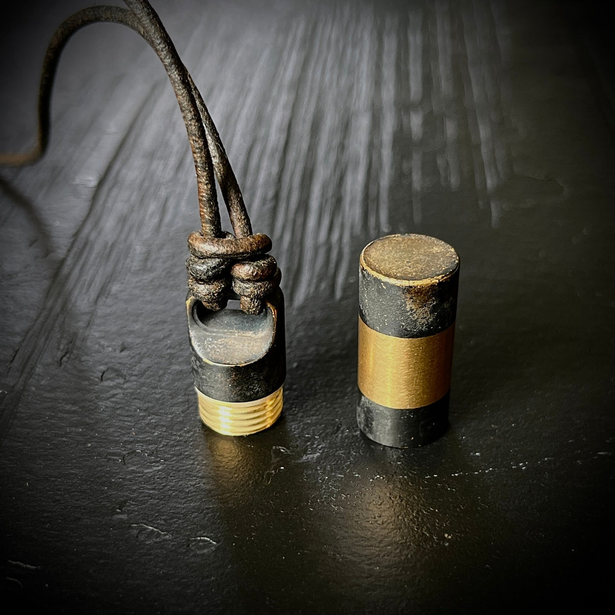 Rustic Brass 2-Tone Black & Gold Contrast Small Pill Vial Distressed Capsule Stash Urn Pendant with Leather Cord Necklace / EDC