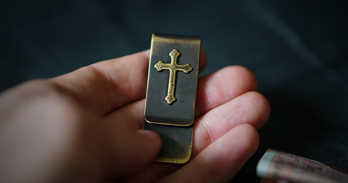 Handmade Distressed Brass Money Clip: Oxidized Cross Crucifix Design