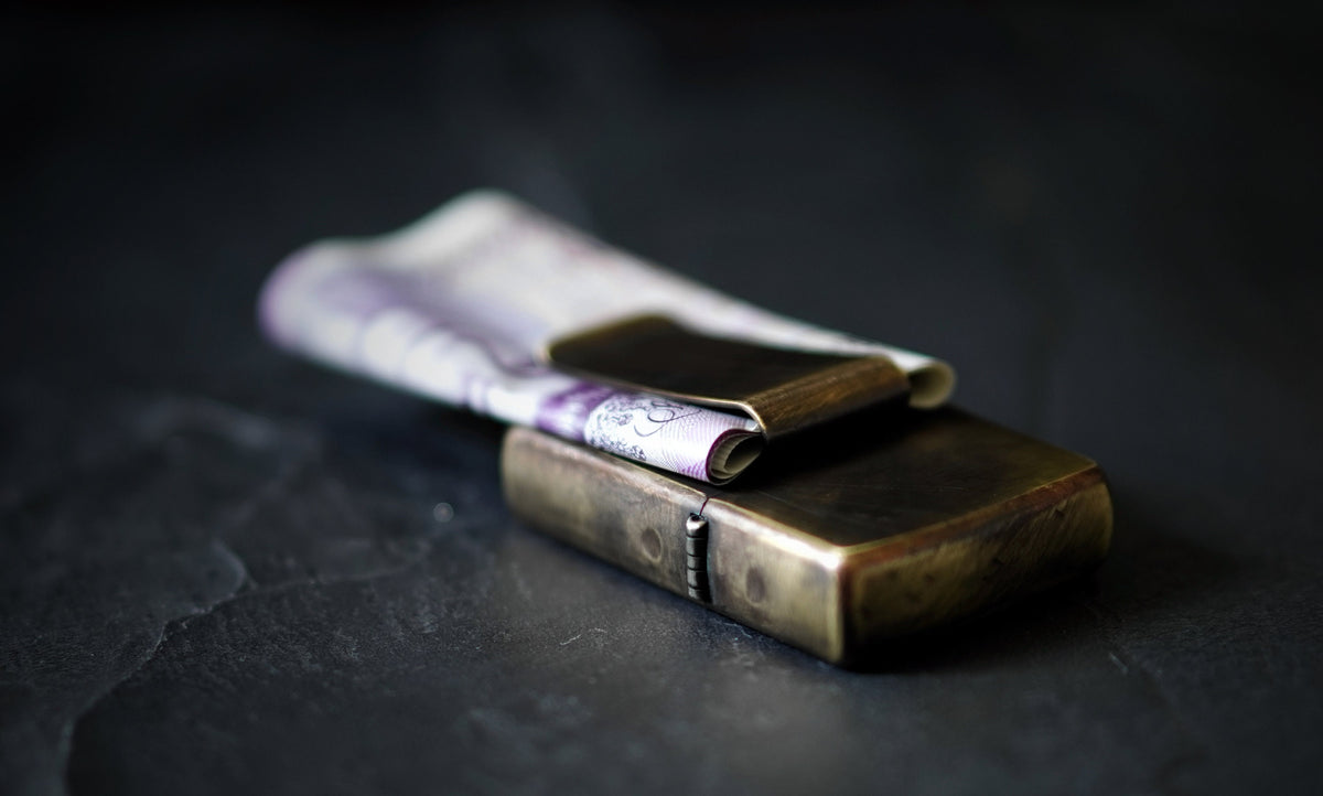 Customised Distressed Oxidised Style Vintage Worn Solid Brushed Brass Metal Zippo Lighter & Money Clip Wallet Accessory / EDC