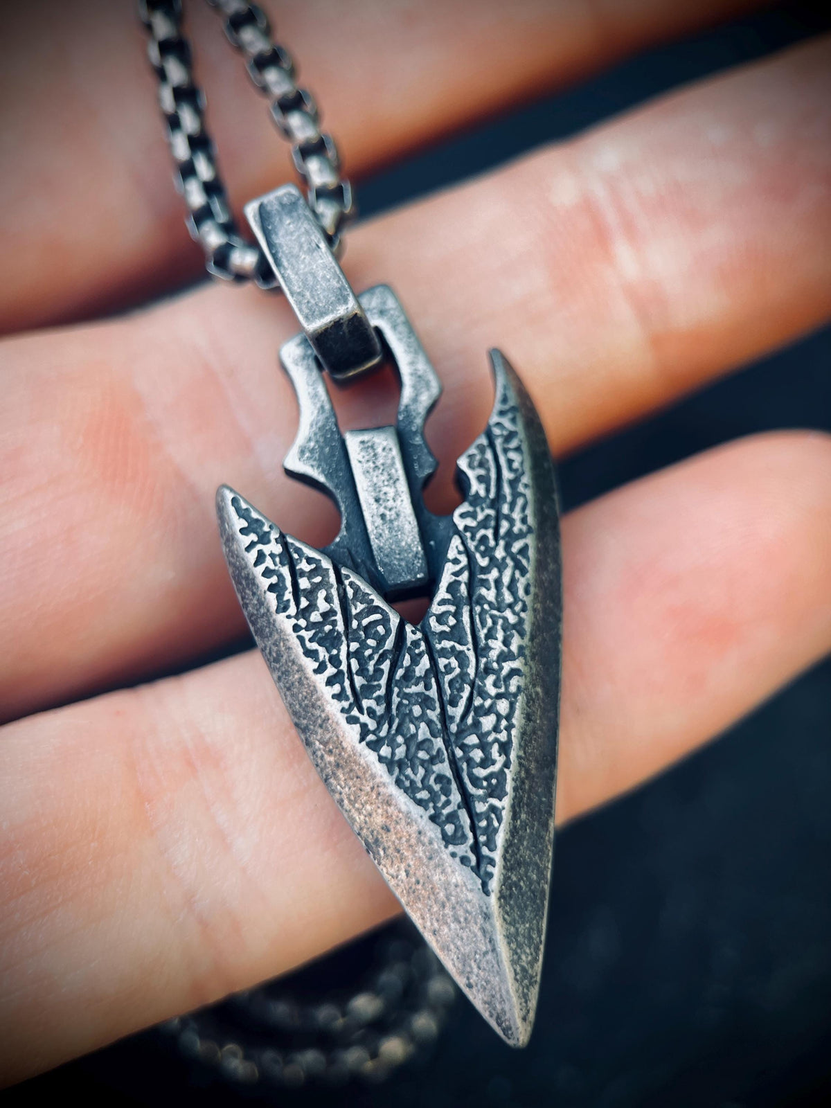 Rustic Solid Stainless Steel Blackened Silver Arrowhead Pendant & 24" Inch Matching Necklace – Oxidised and Distressed