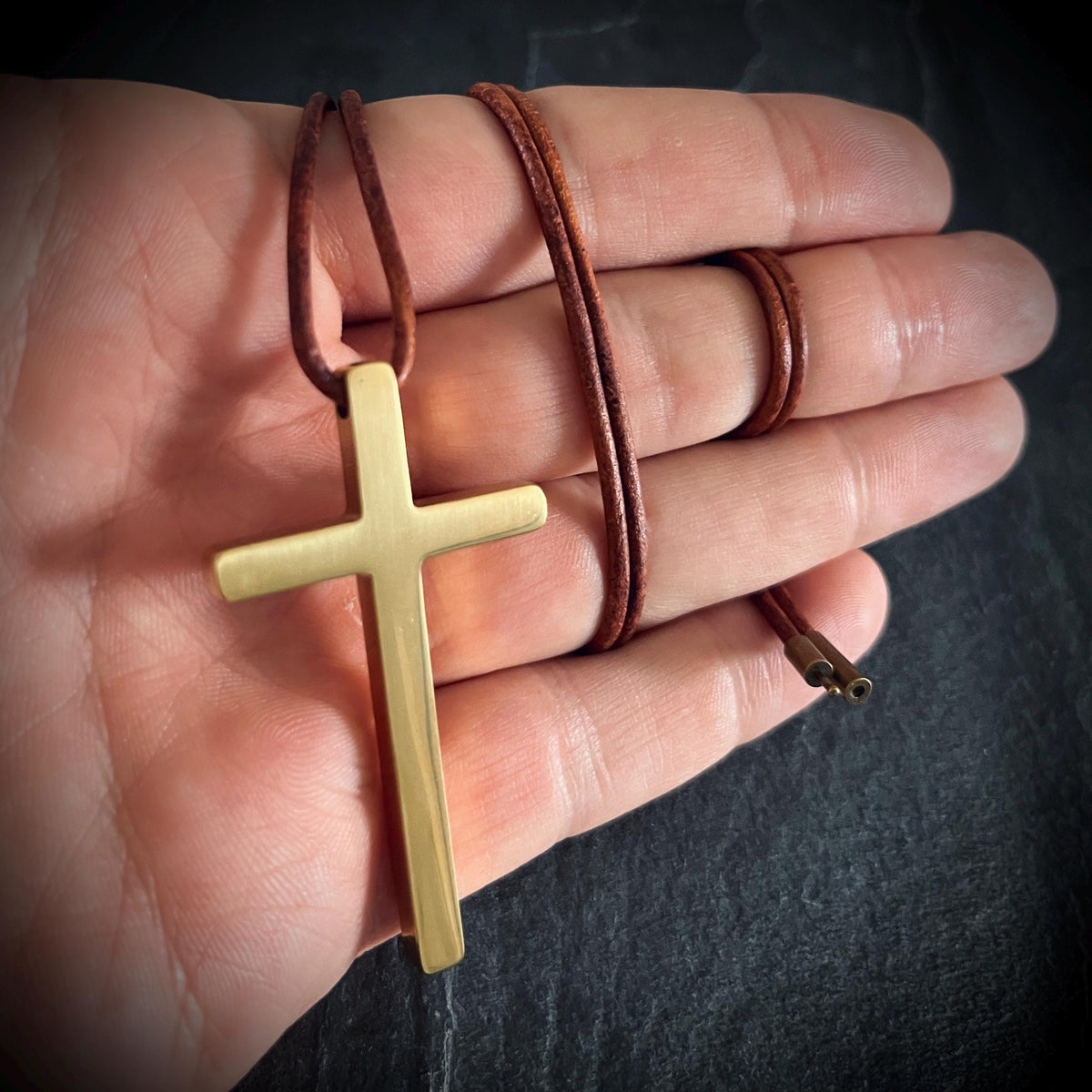 Gold Stainless Steel Cross Necklace with Rustic Brown Leather Cord