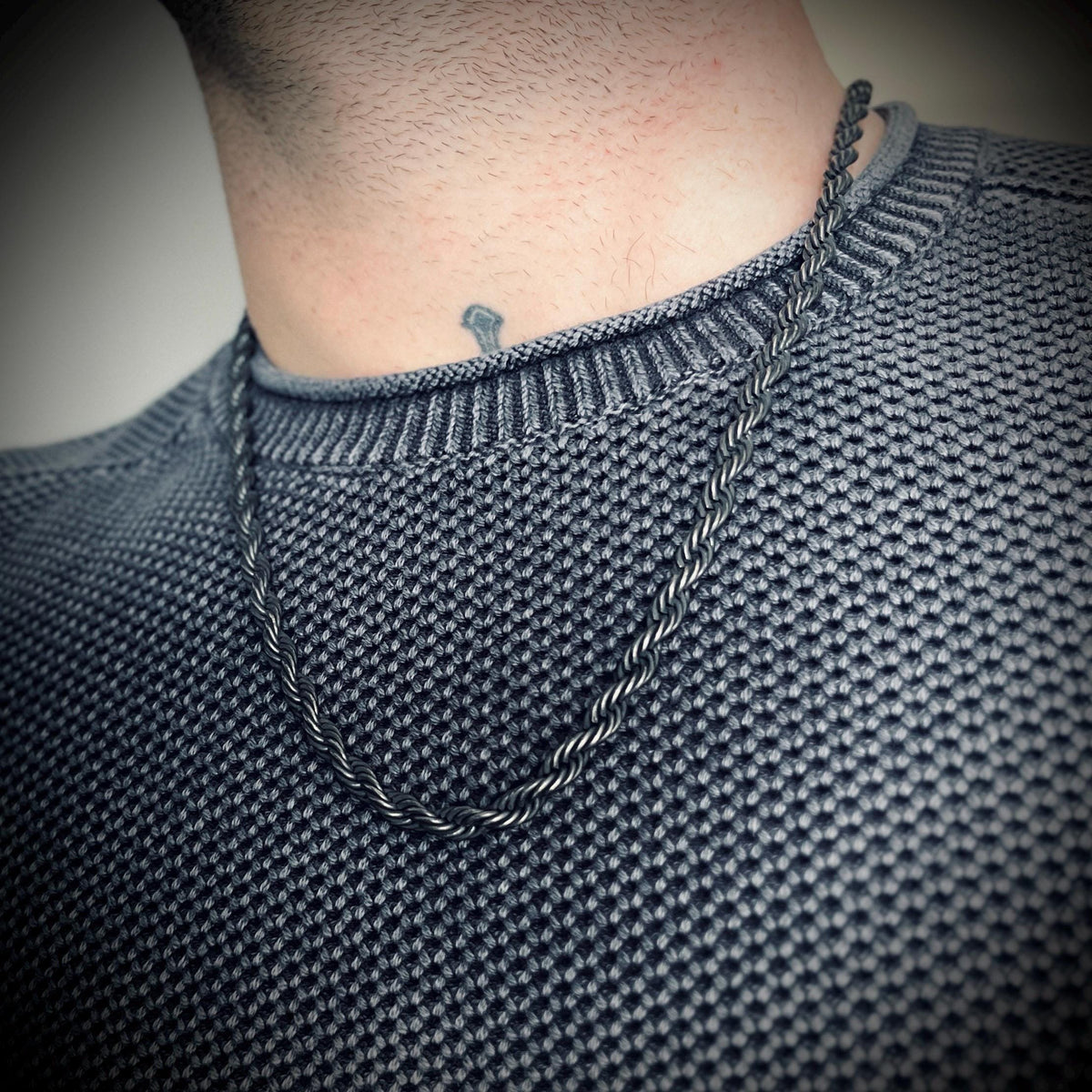 Rustic Chunky Heavy Oxidised Stainless Steel Twisted Rope Chain Necklace - Mens Minimalist Style - 24" Inches