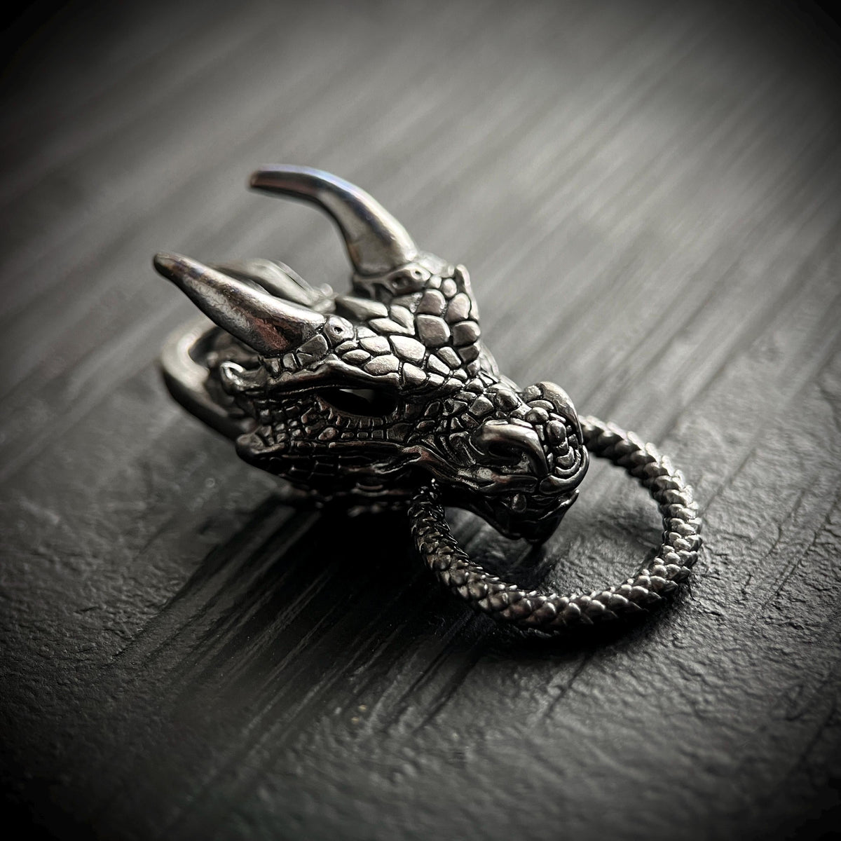 Black Oxidised Blackened Dark Steel Ornate Dragon Amulet Pendant