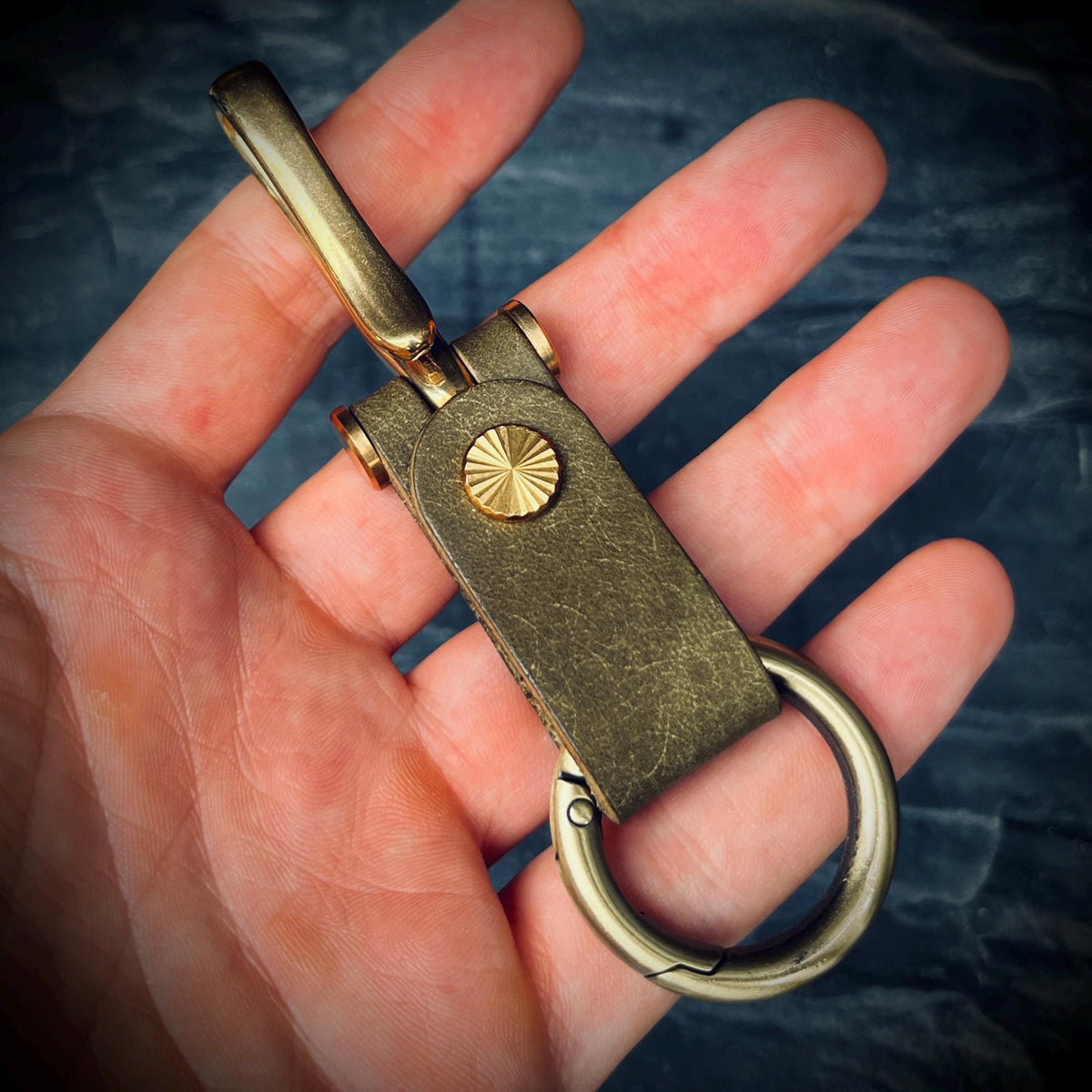 Distressed Olive Green Leather Brass Fish Hook Belt Keychain / Key Holder / Lanyard / Carabiner