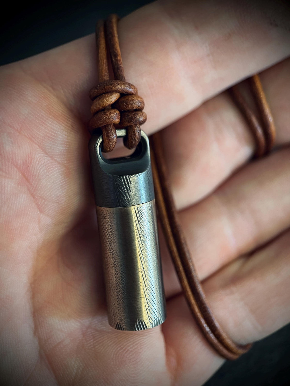 Handmade Brass Vial Capsule Pendant: Rustic 2-Tone Cremation Keepsake with Brown Leather Cord Necklace