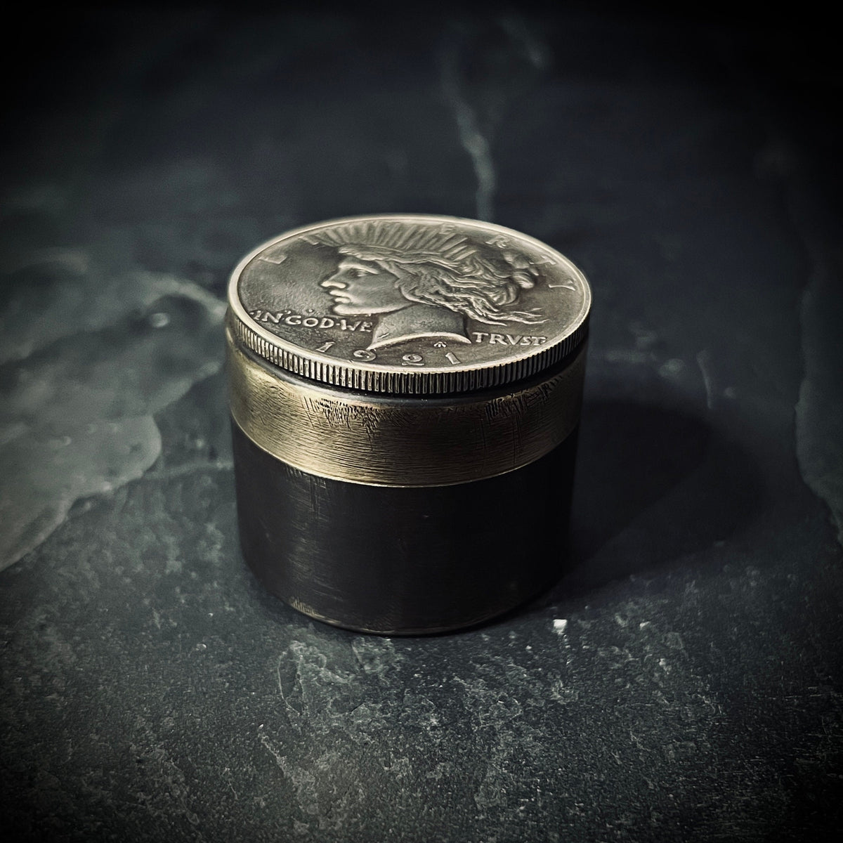 Handmade Brass Stash Box: Silver Hobo Coin Peace Dollar, Lady Liberty Pill, Medication Container