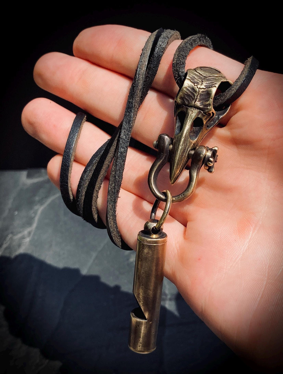 Handmade Brass Crow Skull Pendant with Whistle Attachment & Black Leather Cord Necklace