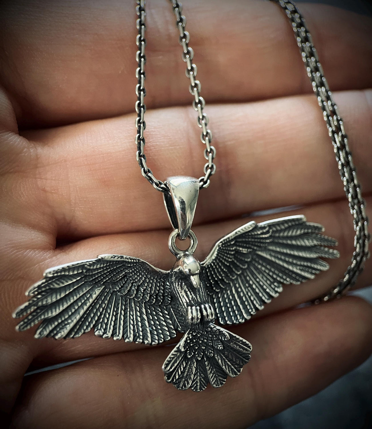 Oxidised Rustic Blackened 925 Solid Sterling Silver Crow Bird Pendant & Cable Chain Necklace