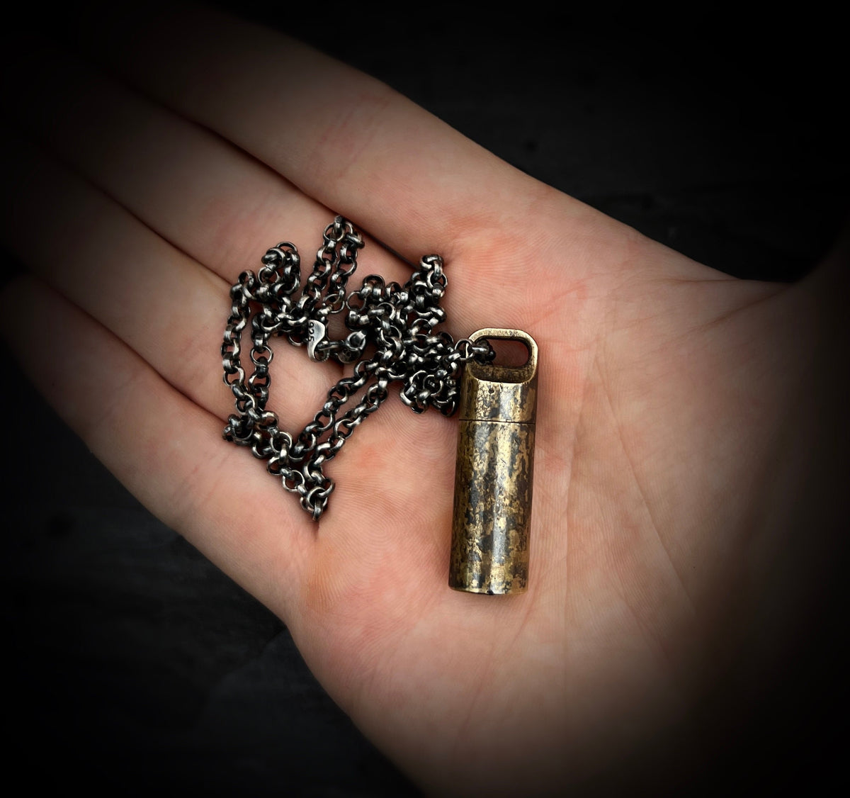 Distressed Brass Mini Shotgun Shell Stash Capsule Pendant & Sterling Silver Chain