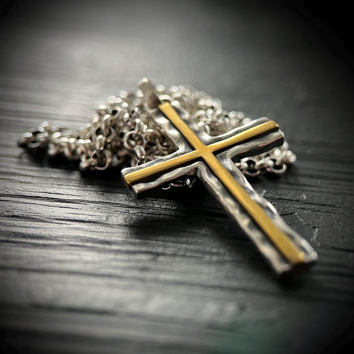Hammered Sterling Silver Rustic Cross Pendant with Brass Inlay with 24" Rolo Chain