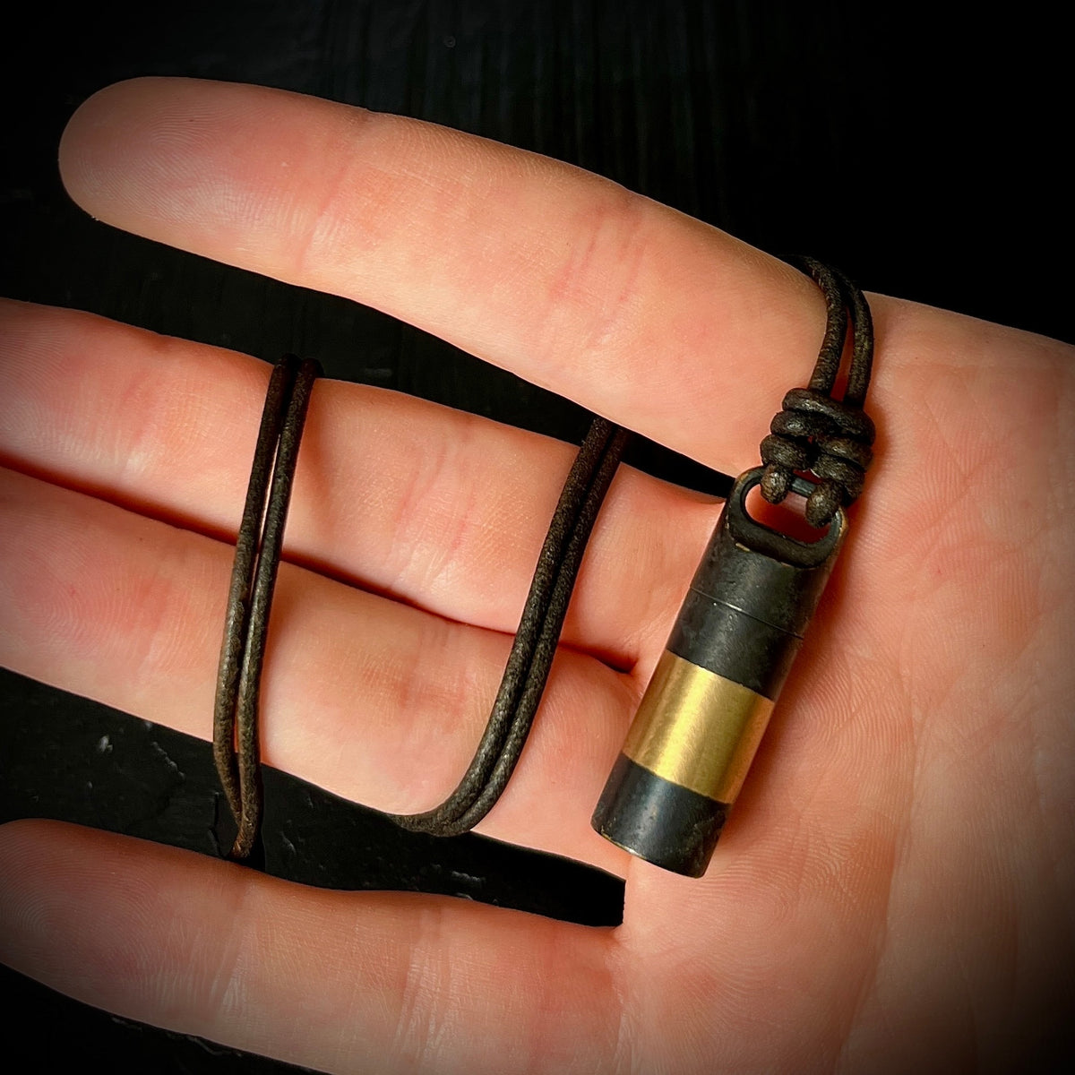 Rustic Brass 2-Tone Black & Gold Contrast Small Pill Vial Distressed Capsule Stash Urn Pendant with Leather Cord Necklace / EDC