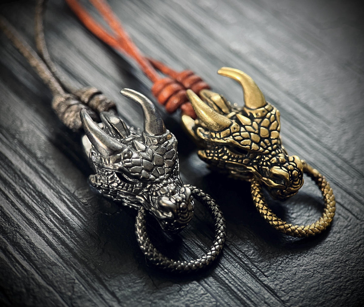 Oxidised Rustic Black & Gold Dragon Head Charm Amulet Pendant with Leather Cord Necklace