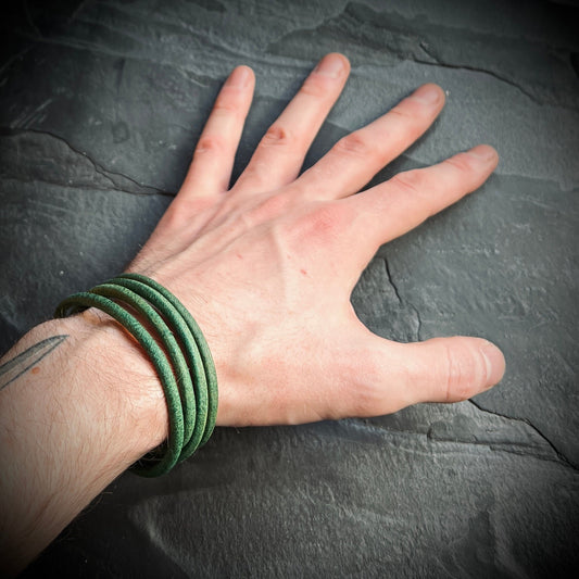 Artisan Handmade Minimalist Green Distressed Relic Leather Wrap Wristband Cuff Bracelet Accessory with Brushed Matte Black Lock Clasp