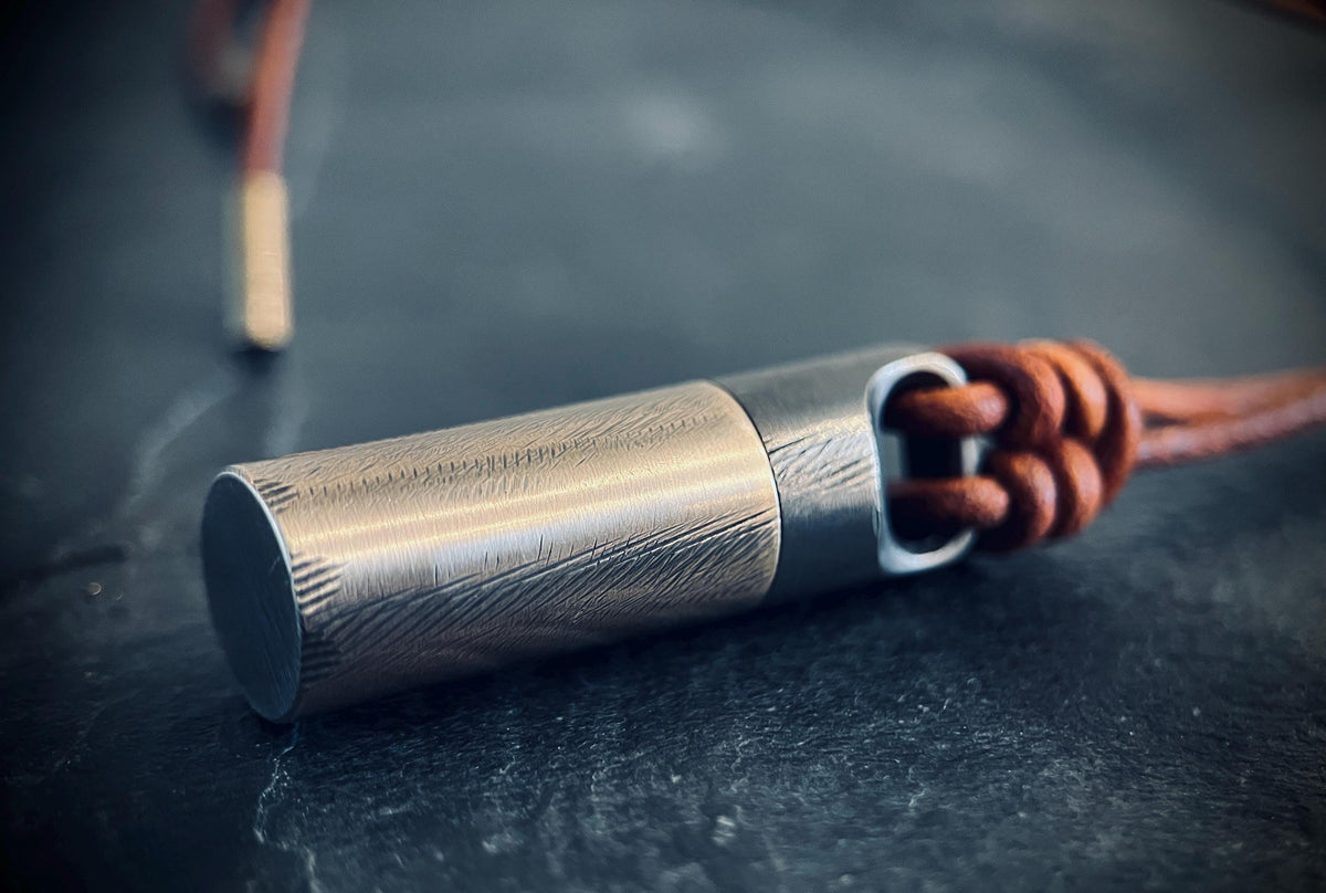 Handmade Brass Vial Capsule Pendant: Rustic 2-Tone Cremation Keepsake with Brown Leather Cord Necklace
