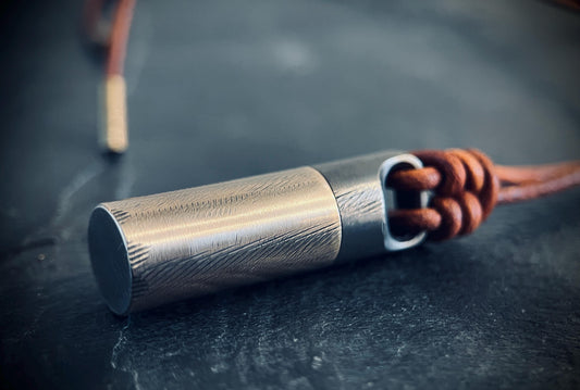 Handmade Brass Vial Capsule Pendant: Rustic 2-Tone Cremation Keepsake with Brown Leather Cord Necklace