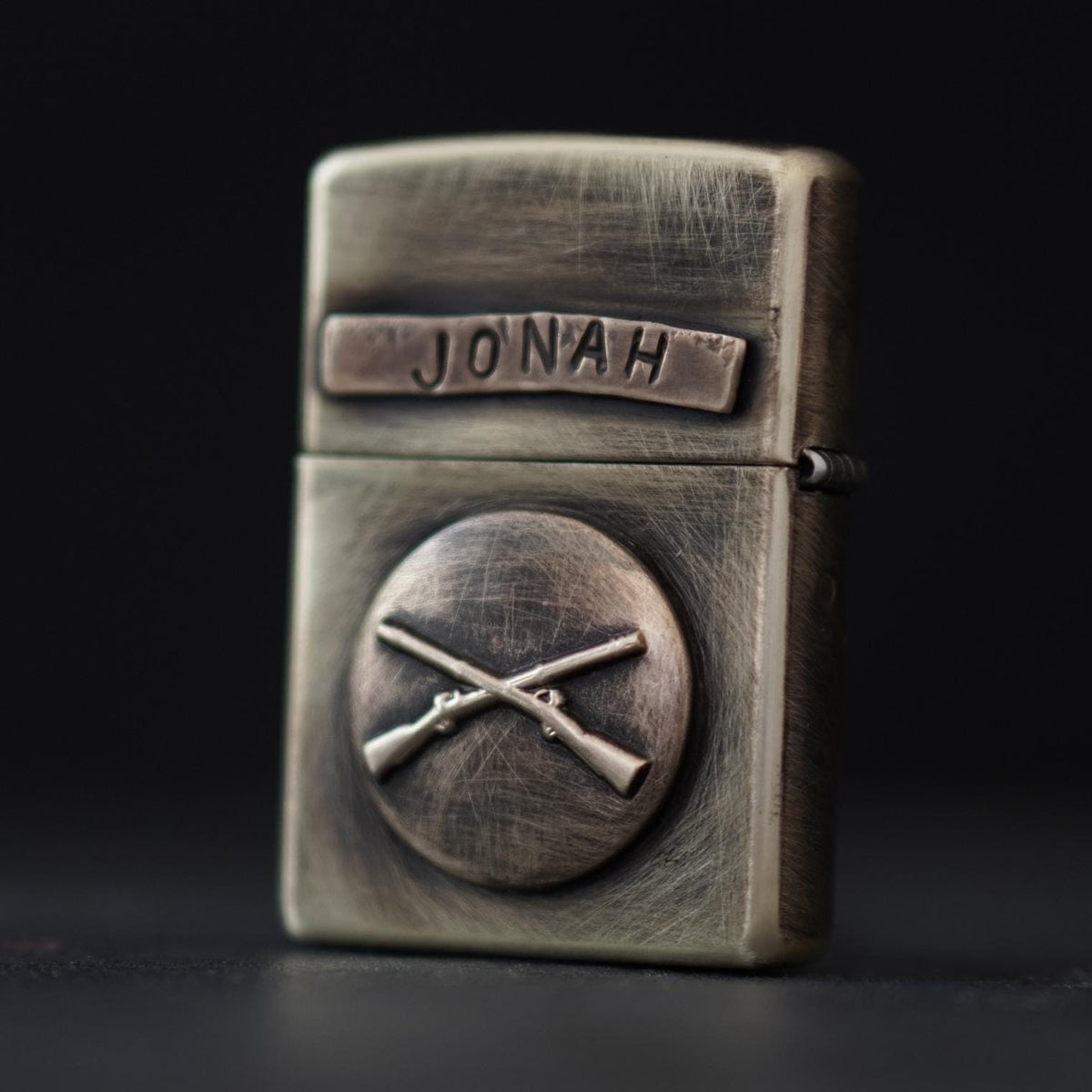 Customised Distressed Vintage Style Aged Brass Zippo Lighter with U.S. Rifle Badge Emblem and Personalised Name Engraving