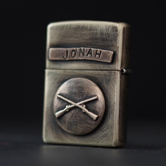 Customised Distressed Vintage Style Aged Brass Zippo Lighter with U.S. Rifle Badge Emblem and Personalised Name Engraving