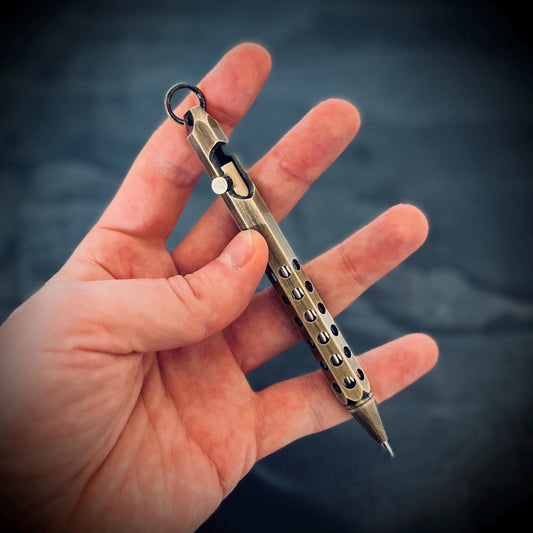 Distressed Bolt Action Oxidised Brass Pen with Grip and Keychain Loop | EDC