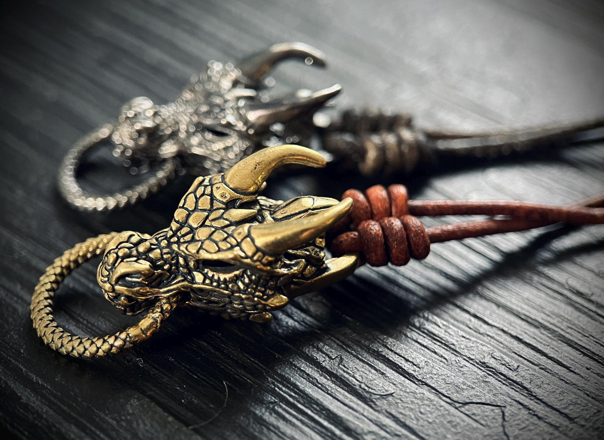 Oxidised Rustic Black & Gold Dragon Head Charm Amulet Pendant with Leather Cord Necklace
