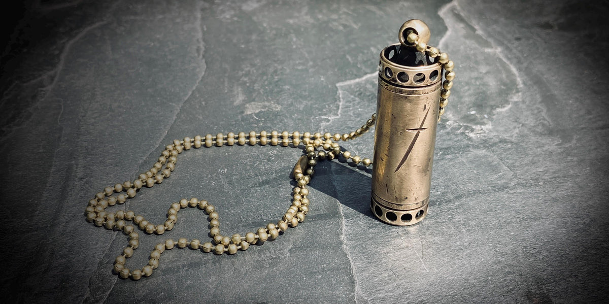 Aged Solid Brass Small Pill Vial Distressed Shotgun Shell Capsule Stash Urn Engraved Cross Pendant & Matching Ball Chain Necklace