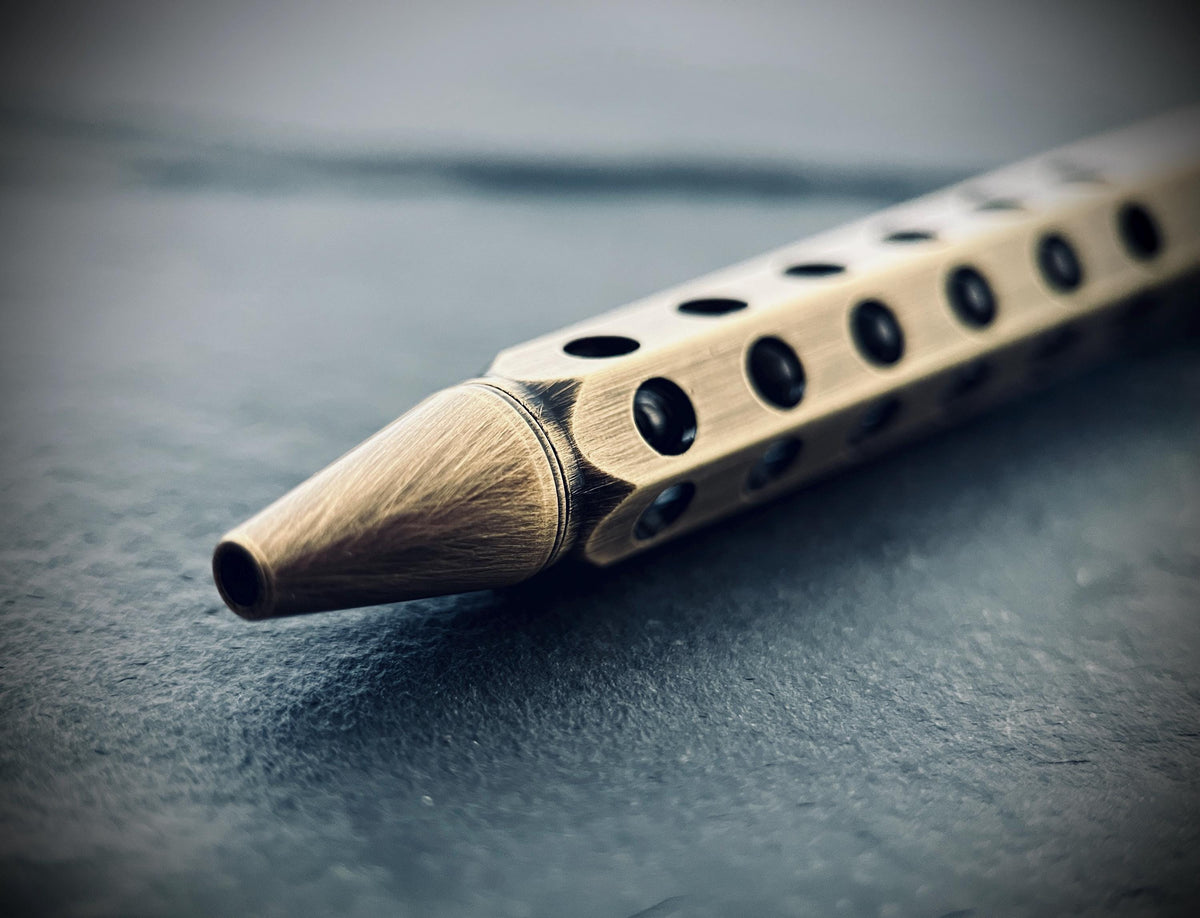 Distressed Bolt Action Oxidised Brass Pen with Grip and Keychain Loop | EDC