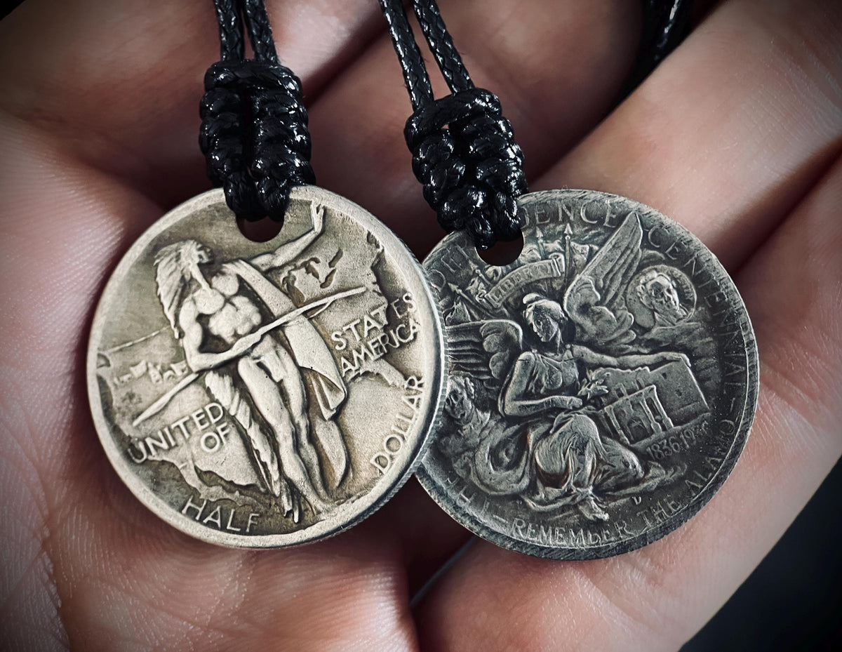 Couples His & Hers Rustic Silver Medallion Pendant Necklaces - Warrior and Angel