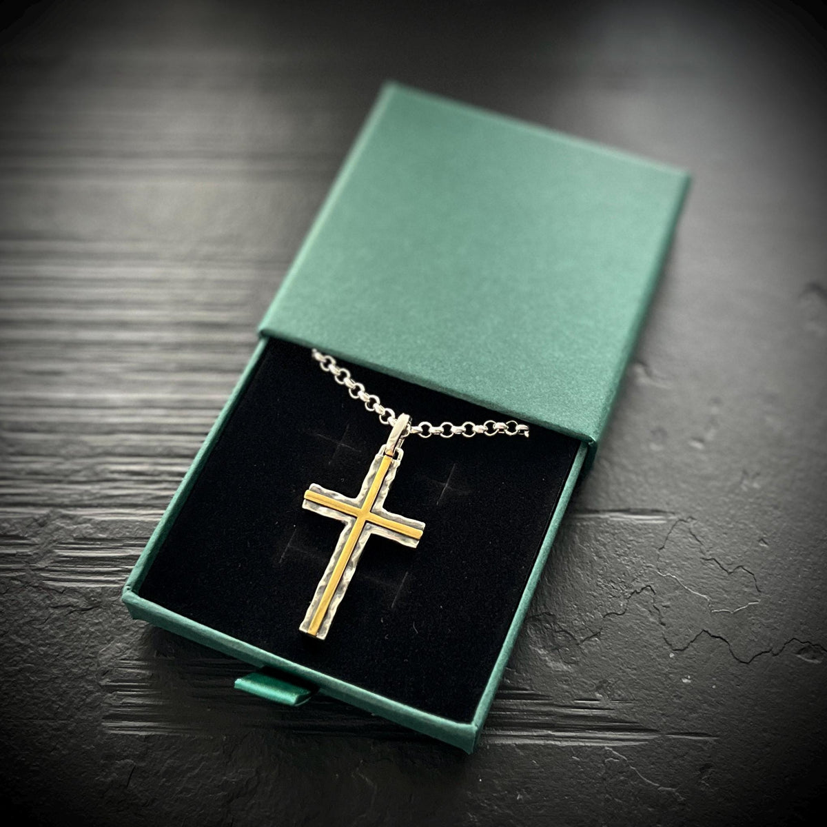 Hammered Sterling Silver Rustic Cross Pendant with Brass Inlay with 24" Rolo Chain