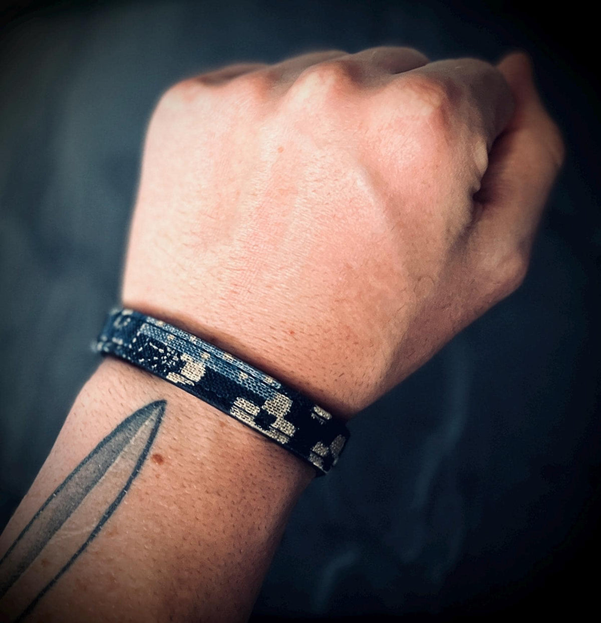 Distressed Black Leather & Denim Wrap Bracelet: Solid Brass Buckle