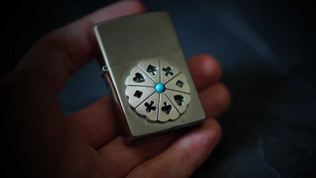 Customised Brushed Silver Chrome Zippo Lighter with Playing Card Wheel Emblem Badge