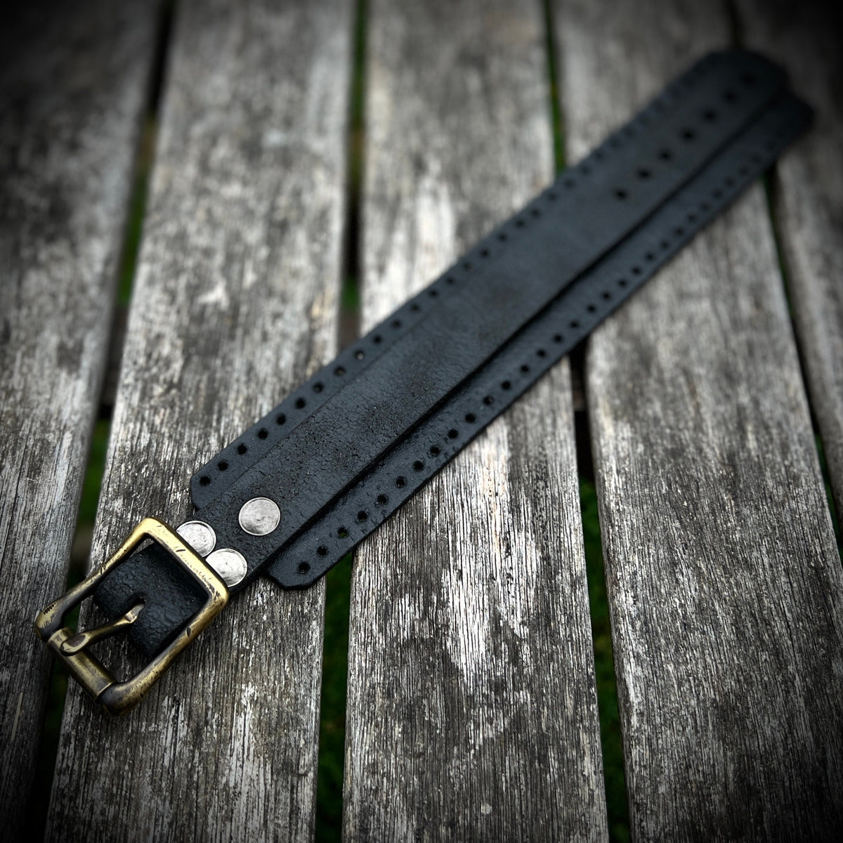 Artisan Handmade Road Rash Black Worn Out Distressed Relic Leather Wristband Cuff Bracelet Accessory with Oxidised Solid Brass Buckle Strap