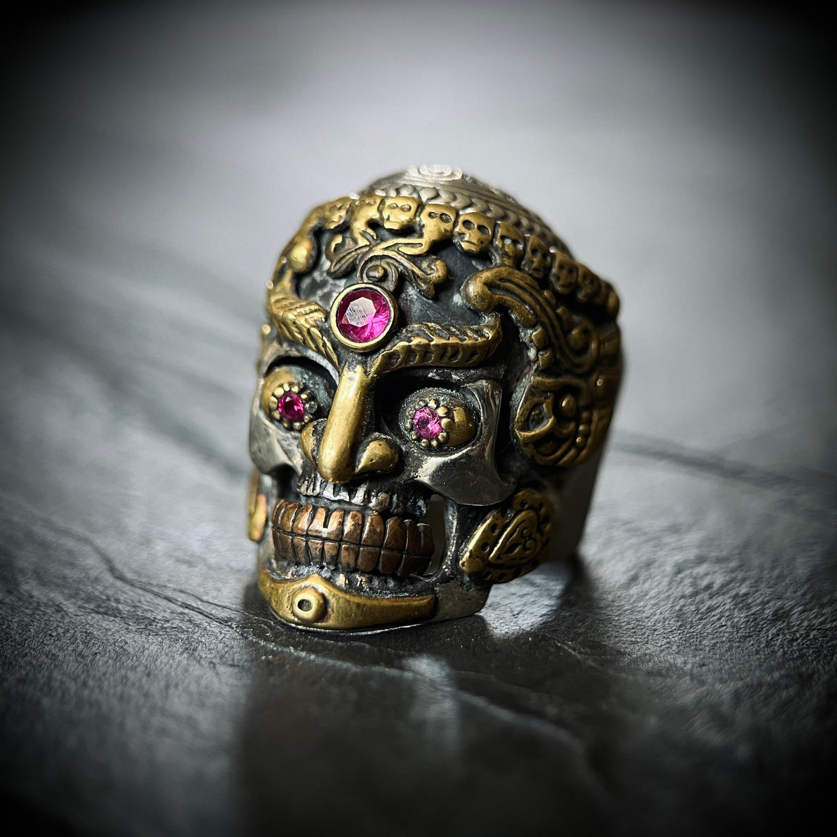 Sterling Silver Tibetan Skull Ring: Handmade Garnet Gemstone Eyes