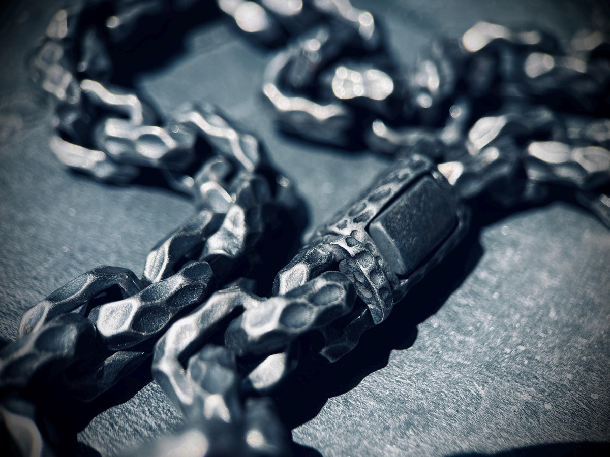 Boxy Thick Chunky Heavy Distressed Hammered Oxidised Silver Stainless Steel Cable Link Chain Necklace