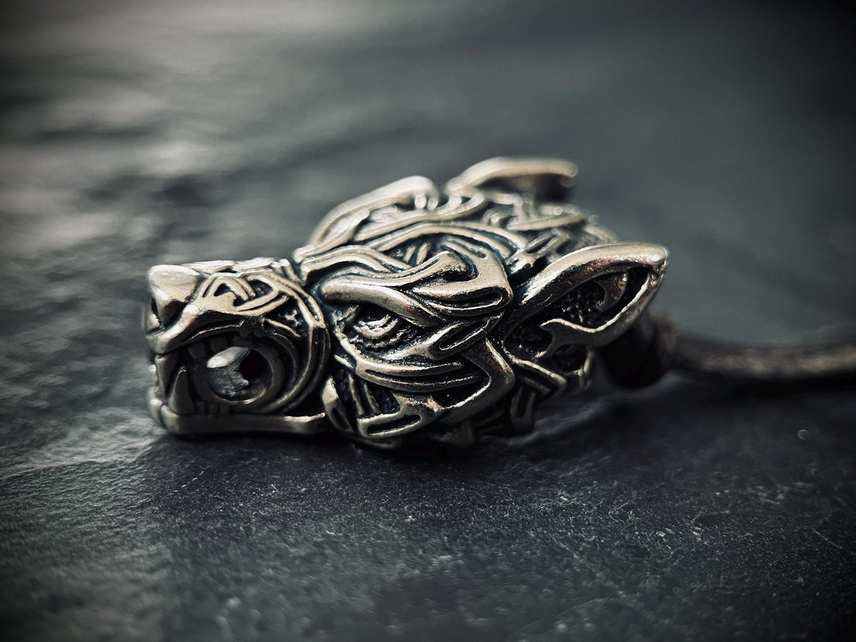 Rustic Silver Stainless Steel Celtic Wolf Pendant & Black Distressed Leather Cord Necklace