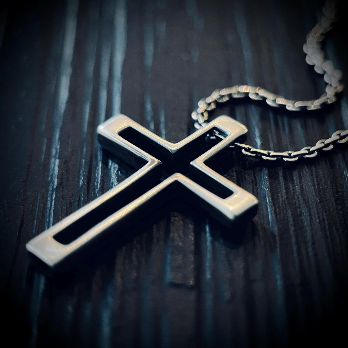 Small Minimalist Rustic Oxidised Distressed Silver Cross Crucifix Pendant & 50cm Cable Necklace Chain