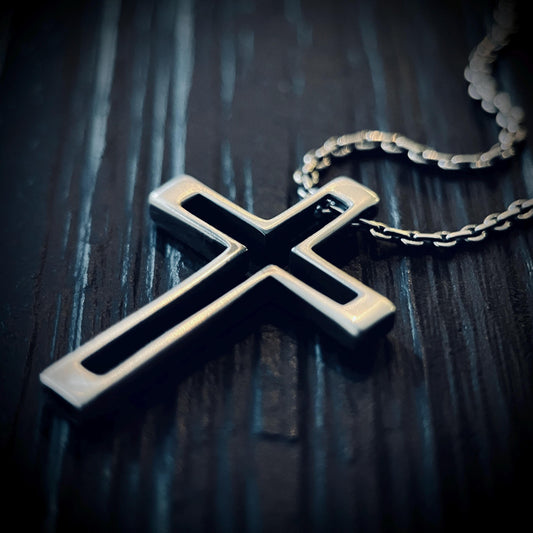 Small Minimalist Rustic Oxidised Distressed Silver Cross Crucifix Pendant & 50cm Cable Necklace Chain