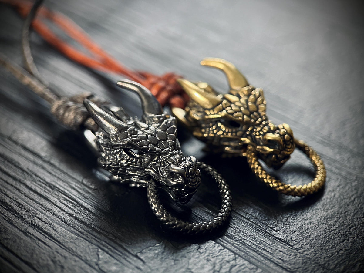 Oxidised Rustic Black & Gold Dragon Head Charm Amulet Pendant with Leather Cord Necklace