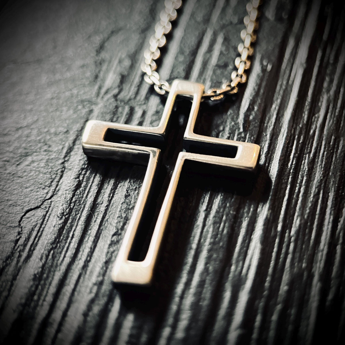 Small Minimalist Rustic Oxidised Distressed Silver Cross Crucifix Pendant & 50cm Cable Necklace Chain