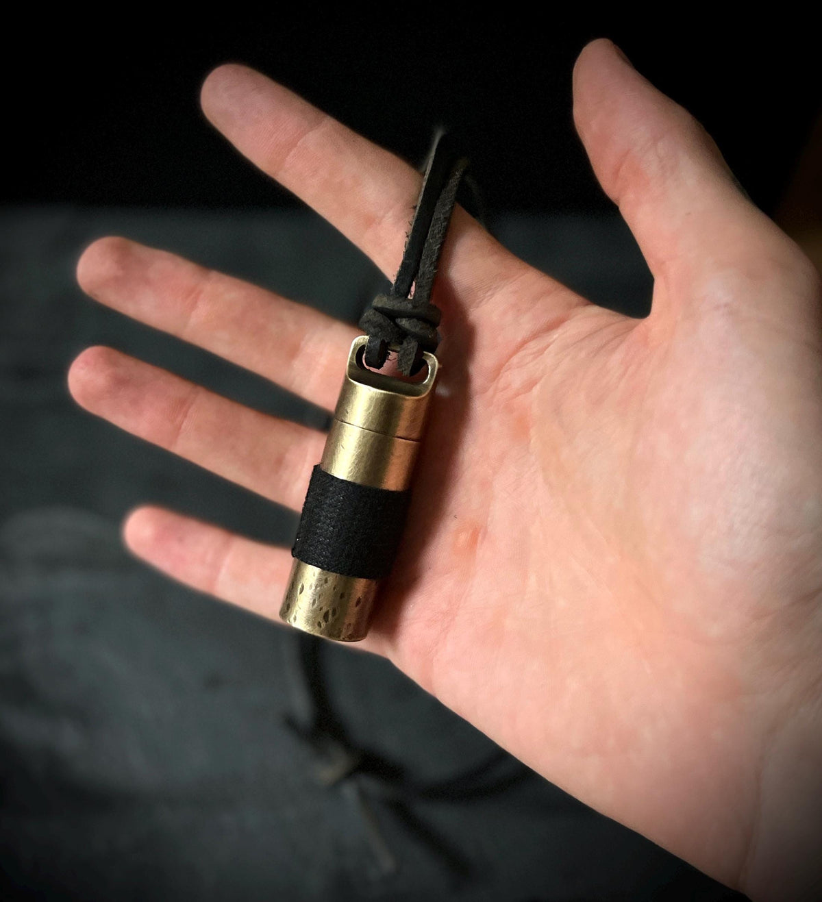 Rustic Brass Pill Vial Necklace: Distressed Capsule Stash Pendant, Leather Cord