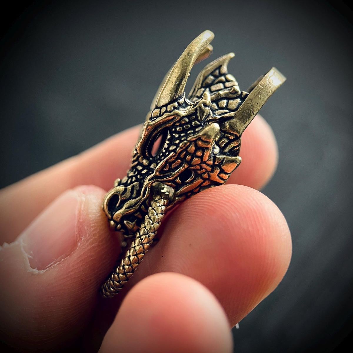 Oxidised Brass Dragon Head Charm Amulet Pendant – Rustic Black & Gold Finish