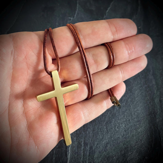 Gold Stainless Steel Cross Necklace with Rustic Brown Leather Cord