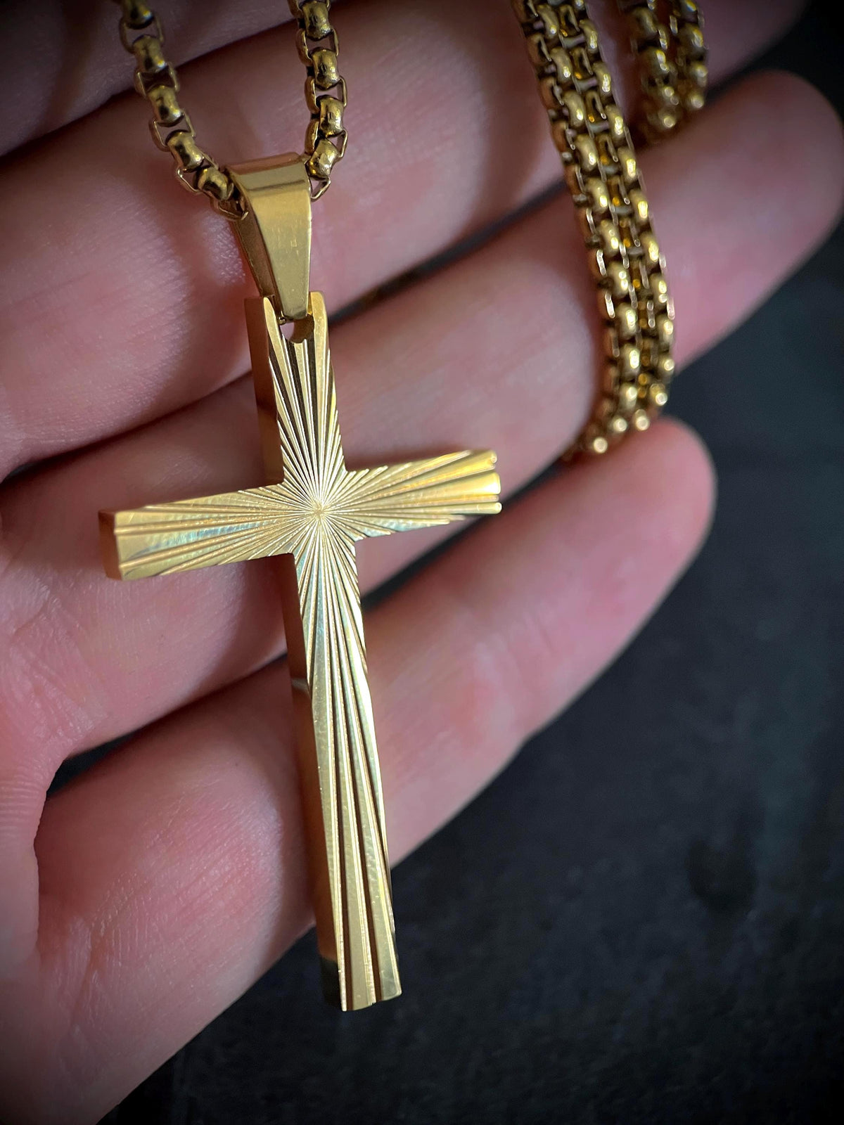 Gold Stainless Steel Ornate Engraved Pattern Cross Pendant & Necklace - Boxy Style